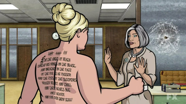 What does pam\'s back tattoo say in archer